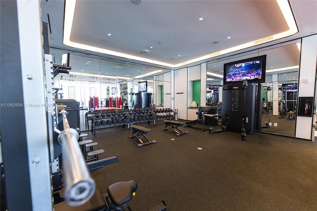 exercise room featuring a tray ceiling