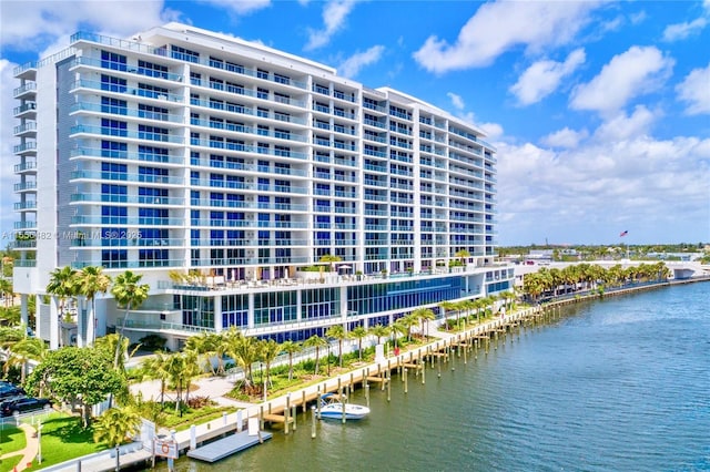 exterior space with a water view