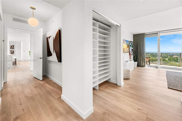 hall featuring baseboards, visible vents, and light wood-style floors