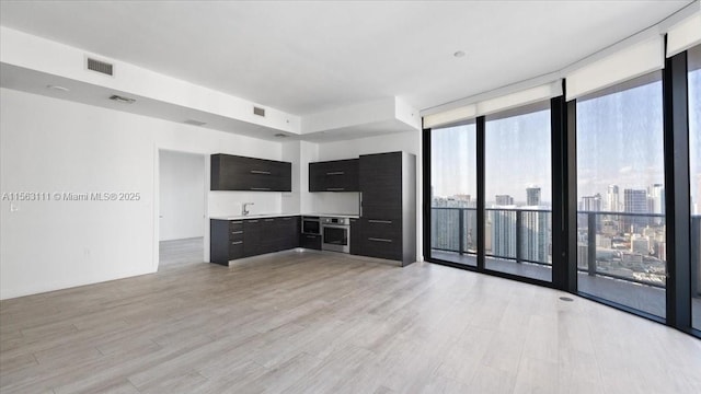 unfurnished living room featuring expansive windows, light wood-type flooring, and sink