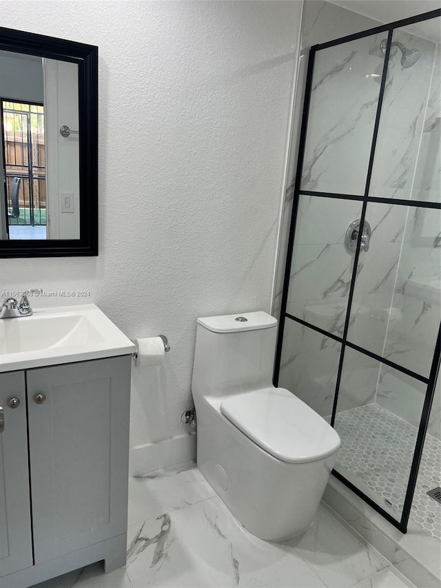 bathroom with toilet, tile flooring, an enclosed shower, and vanity