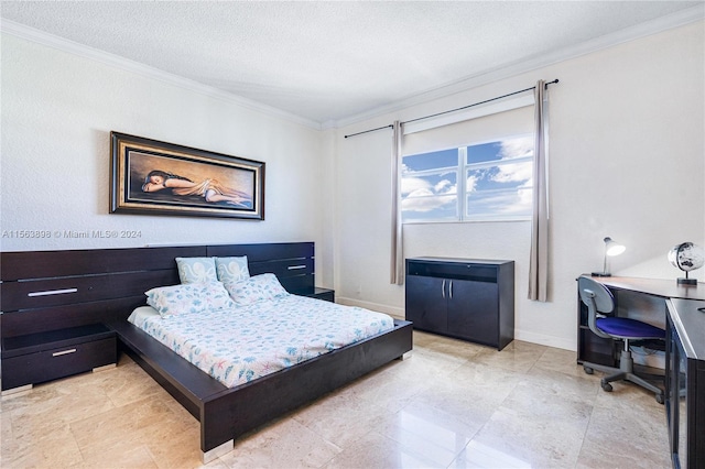 bedroom with a textured ceiling, crown molding, and light tile flooring