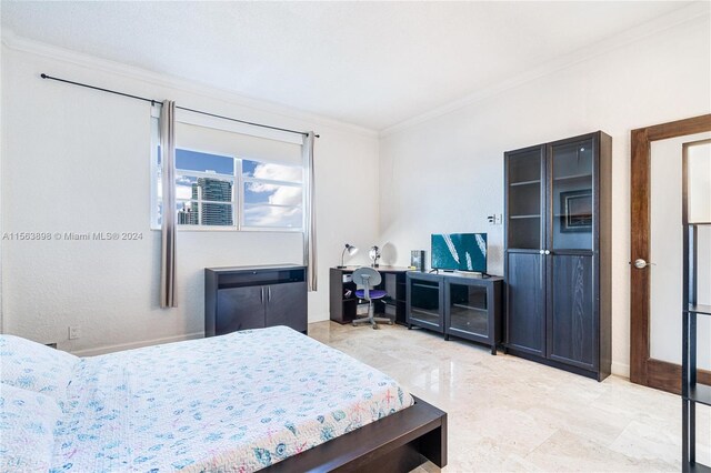 bedroom with crown molding and light tile flooring