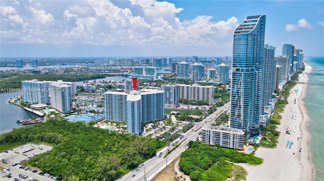 bird's eye view with a water view and a beach view