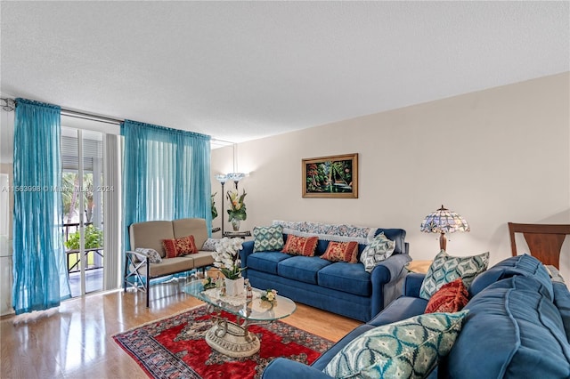 living room featuring a textured ceiling and hardwood / wood-style flooring