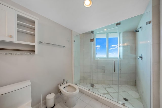 bathroom featuring a bidet, tile flooring, walk in shower, and toilet