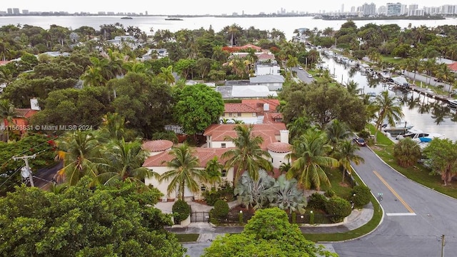 drone / aerial view with a water view