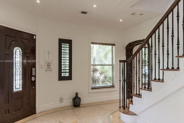 1051 NE 89th St, Miami, FL 33138 - entrance foyer featuring speckled floor, baseboards, stairs, and recessed lighting