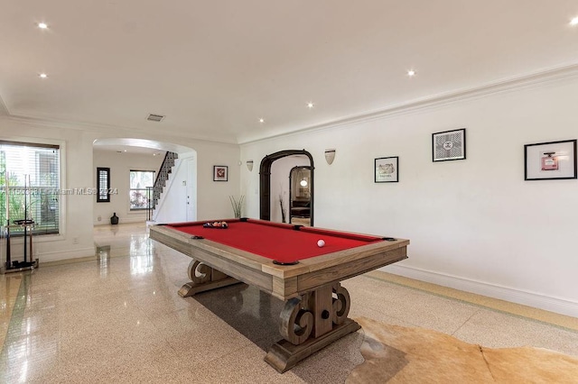 recreation room with crown molding and pool table