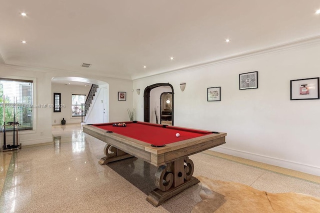 1051 NE 89th St, Miami, FL 33138 - recreation room with arched walkways, baseboards, ornamental molding, billiards, and recessed lighting