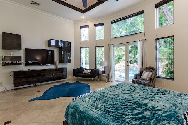 1051 NE 89th St, Miami, FL 33138 - bedroom featuring a high ceiling, crown molding, access to exterior, french doors, and baseboards