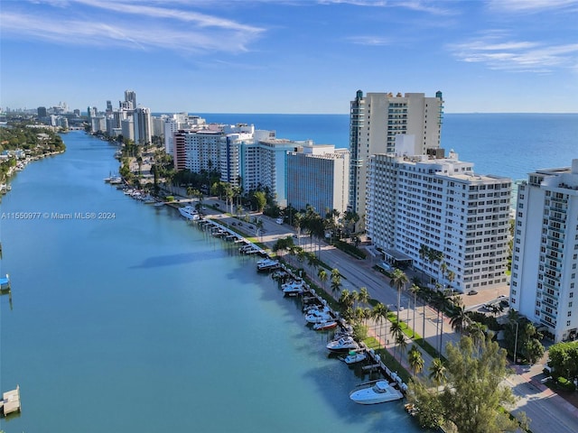 drone / aerial view featuring a water view