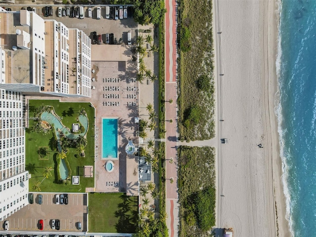 aerial view featuring a beach view and a water view