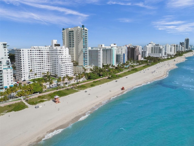 bird's eye view featuring a view of the beach and a water view