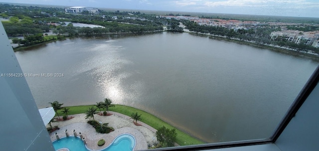 drone / aerial view featuring a water view