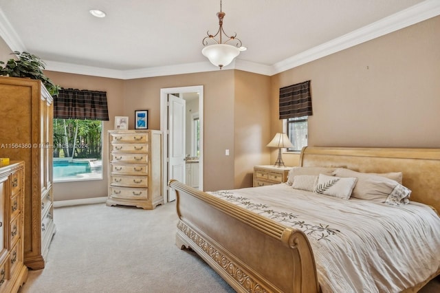 bedroom with light colored carpet and ornamental molding