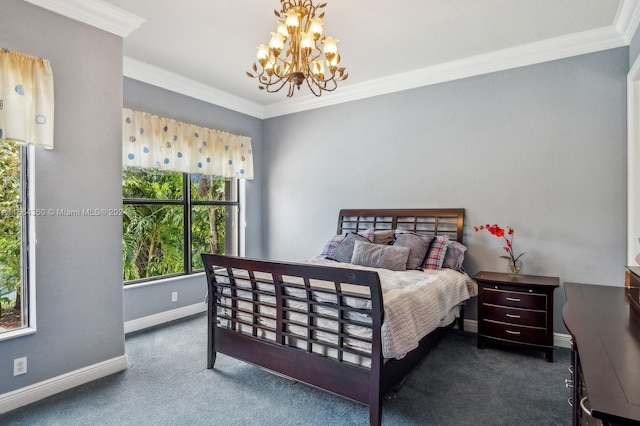 bedroom featuring dark carpet, crown molding, and a chandelier