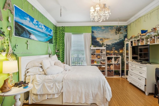 bedroom featuring hardwood / wood-style flooring, crown molding, and a chandelier