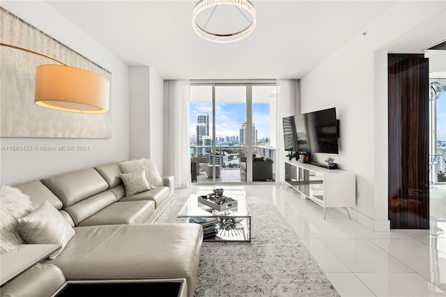 tiled living room with floor to ceiling windows