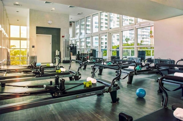 workout area featuring a healthy amount of sunlight, expansive windows, visible vents, and a high ceiling