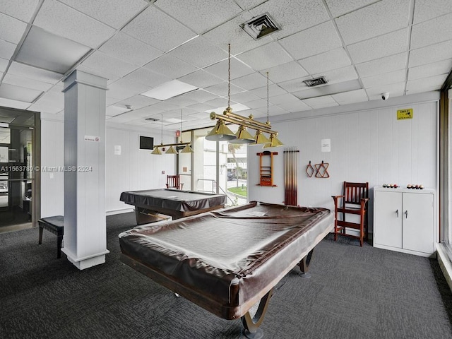 playroom with a drop ceiling, dark colored carpet, and pool table