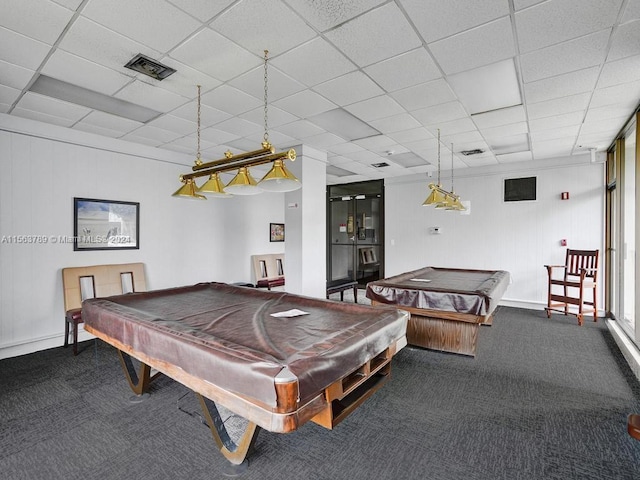 recreation room featuring a drop ceiling, billiards, and dark colored carpet