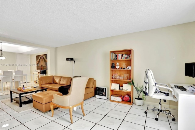 tiled living room with a textured ceiling