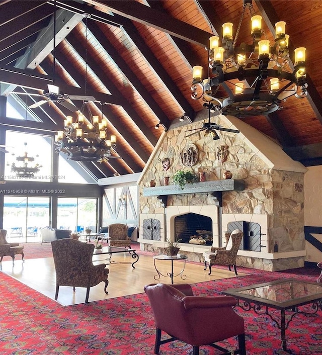 living room featuring high vaulted ceiling, beamed ceiling, a stone fireplace, wood-type flooring, and wooden ceiling