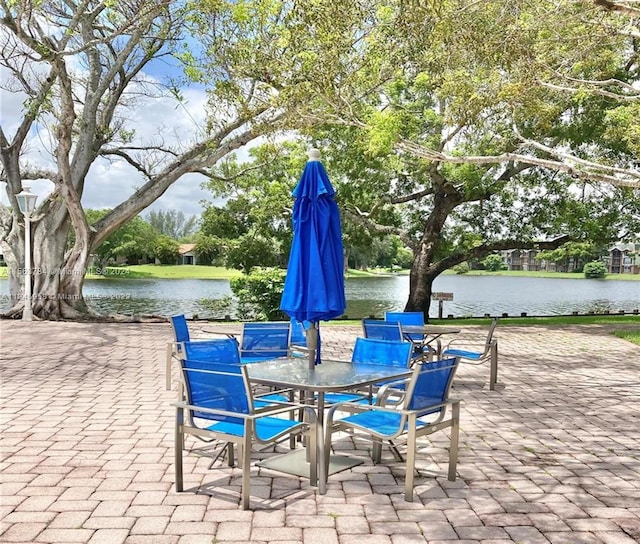 view of patio with a water view