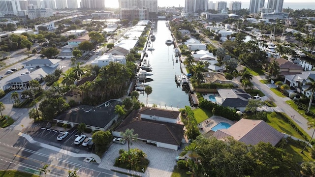 bird's eye view with a water view