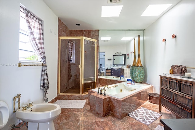 bathroom with a bidet, tile flooring, and separate shower and tub