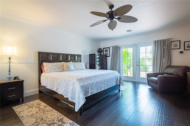 bedroom featuring dark hardwood / wood-style floors, access to outside, ceiling fan, ornamental molding, and french doors