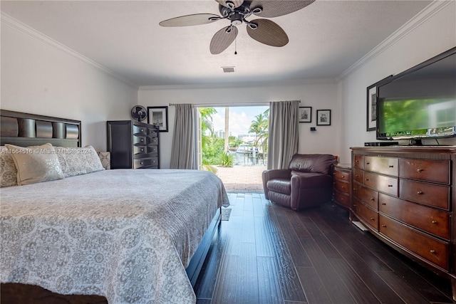 bedroom with ceiling fan, dark hardwood / wood-style flooring, access to outside, and ornamental molding