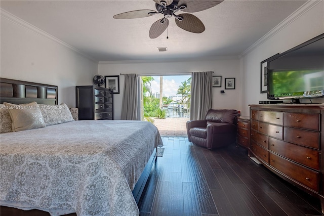 bedroom with dark hardwood / wood-style floors, ceiling fan, crown molding, and access to outside