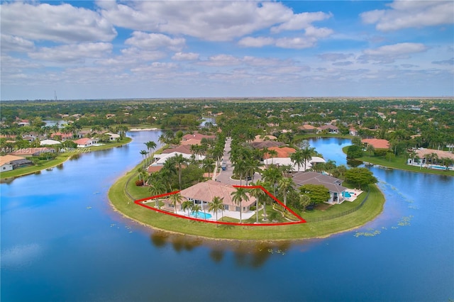 birds eye view of property featuring a water view