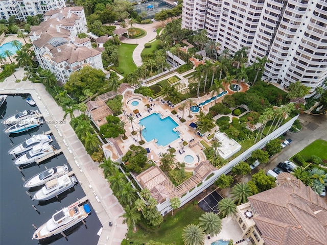 aerial view featuring a water view