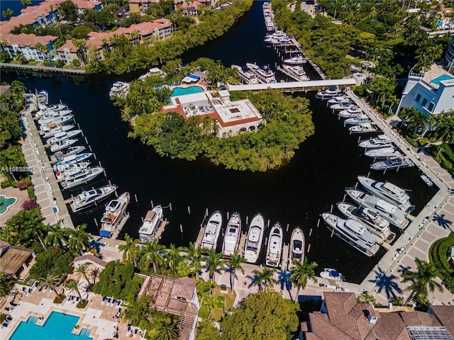 bird's eye view with a water view