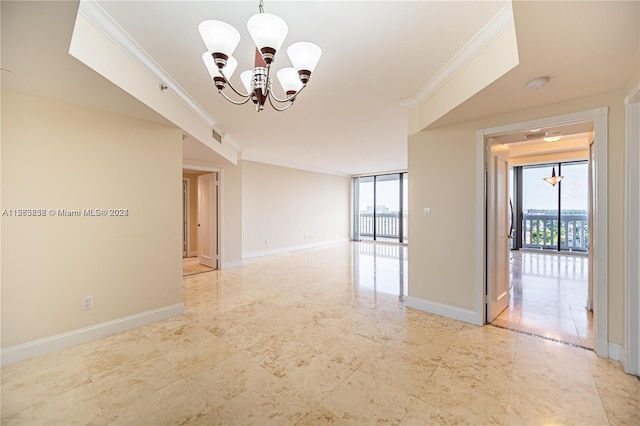 unfurnished room with an inviting chandelier, crown molding, light tile floors, and a healthy amount of sunlight