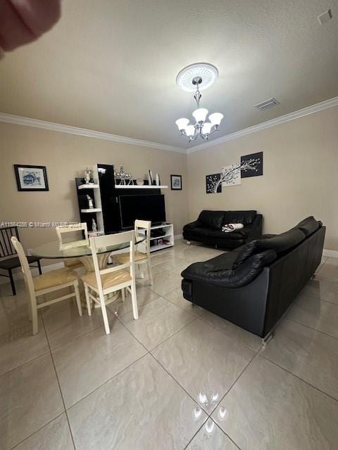 living room featuring crown molding, a chandelier, and light tile floors