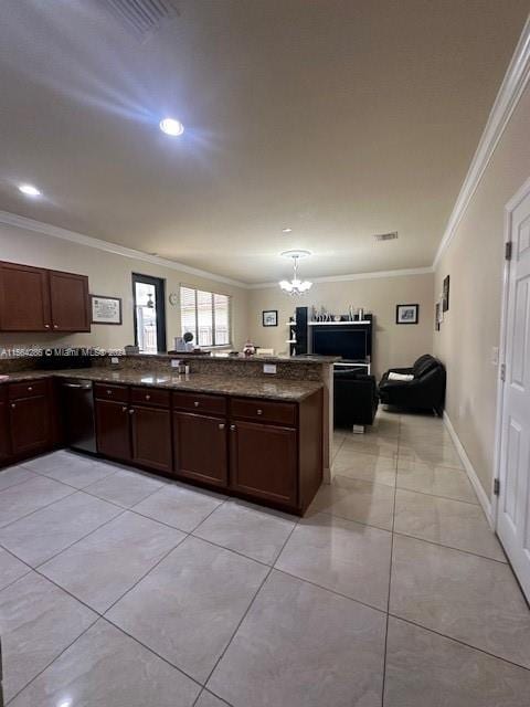 kitchen with stainless steel dishwasher, light tile floors, dark stone counters, ornamental molding, and an inviting chandelier