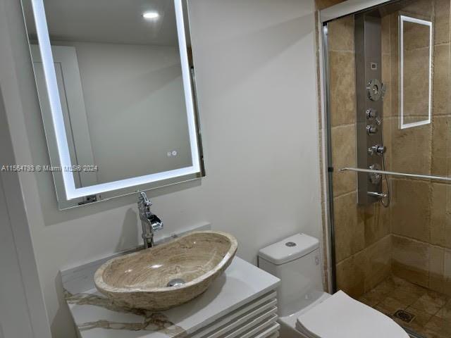 bathroom with vanity, walk in shower, and toilet