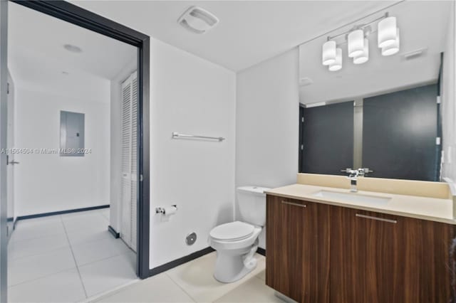 bathroom with tile patterned floors, toilet, vanity, and electric panel