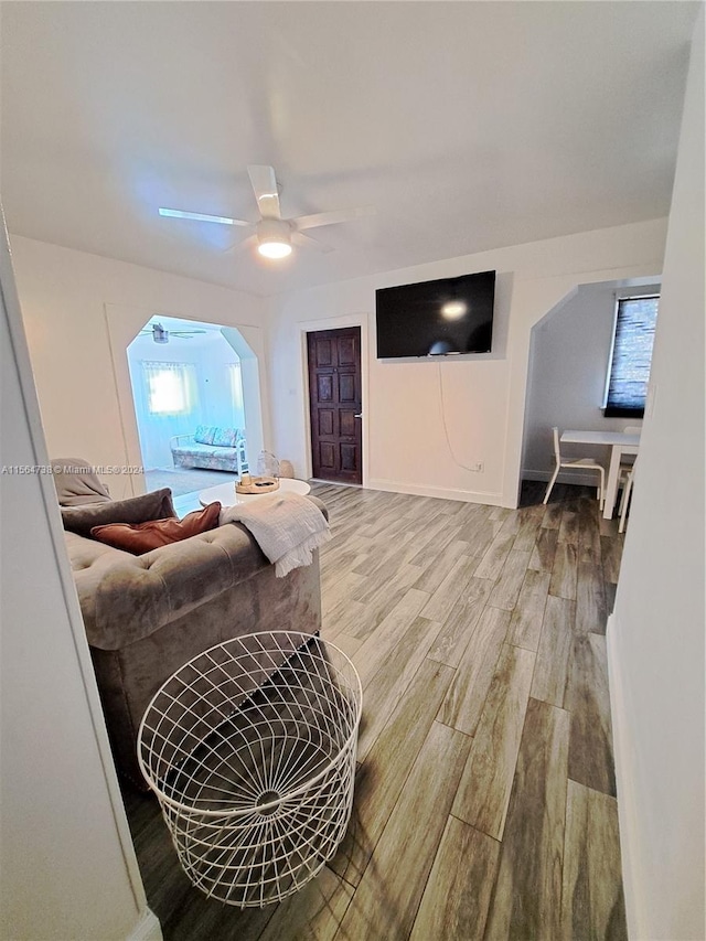 living room with ceiling fan, a healthy amount of sunlight, and light hardwood / wood-style floors