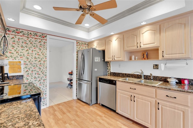 kitchen featuring ceiling fan, sink, ornamental molding, and appliances with stainless steel finishes