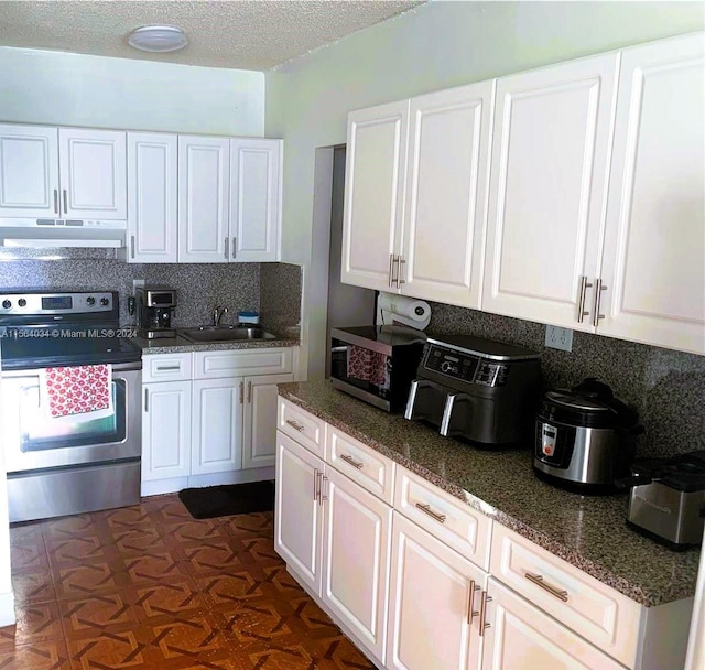 kitchen featuring white cabinets, stainless steel electric range, sink, and tasteful backsplash