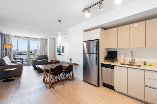 kitchen with hanging light fixtures, light wood-type flooring, rail lighting, appliances with stainless steel finishes, and sink