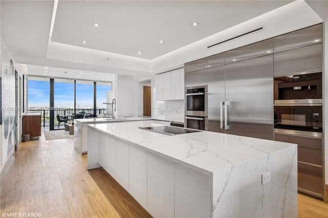 kitchen featuring expansive windows, appliances with stainless steel finishes, light hardwood / wood-style flooring, a large island, and light stone counters