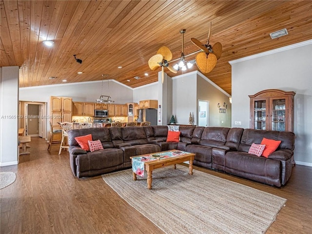 living room with high vaulted ceiling, ceiling fan, wood ceiling, crown molding, and light wood-type flooring