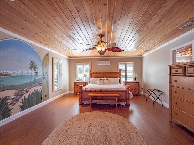 bedroom featuring crown molding, dark hardwood / wood-style floors, wood ceiling, and ceiling fan