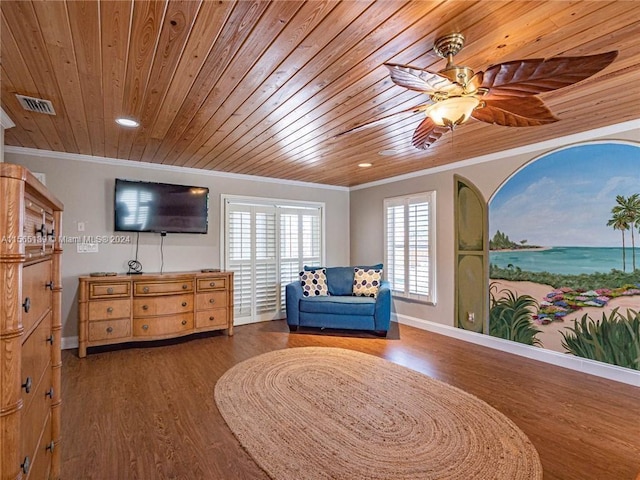 sitting room featuring wood ceiling, crown molding, and dark hardwood / wood-style flooring